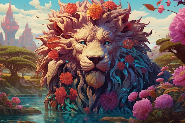 Bloombeast a rare and majestic creature resembling a combination of a lion and a blooming flower illustration generative ai