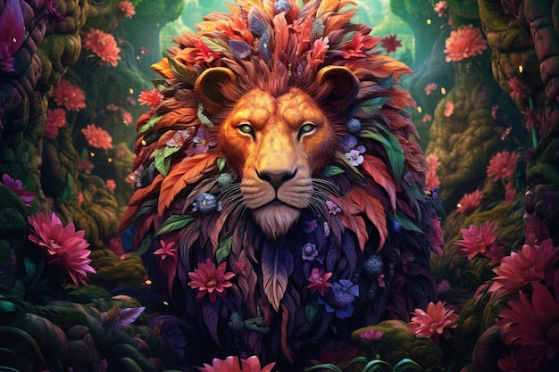 Bloombeast - редкое и величественное существо, напоминающее комбинацию льва и цветущего цветка, генерирующая иллюстрацию ai