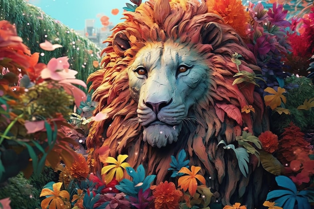 ブルームビーストは、ライオンと咲く花の組み合わせに似た珍しい雄大な生き物のイラスト生成ai