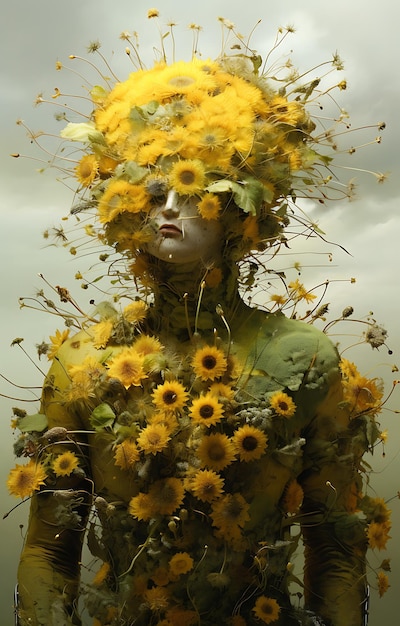 Bloomed Beauty A Man Embraced by Yellow Floral Radiance