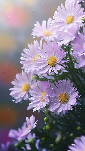 Blooming aster flowers with drops of water closeup background Floral wallpaper Ai generated