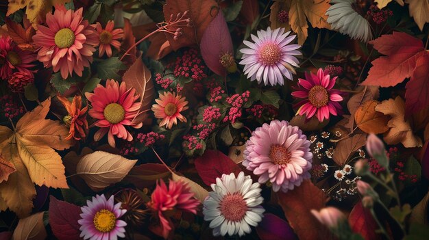 Blooming Asters and Autumn Leaves CloseUp Floral Arrangement