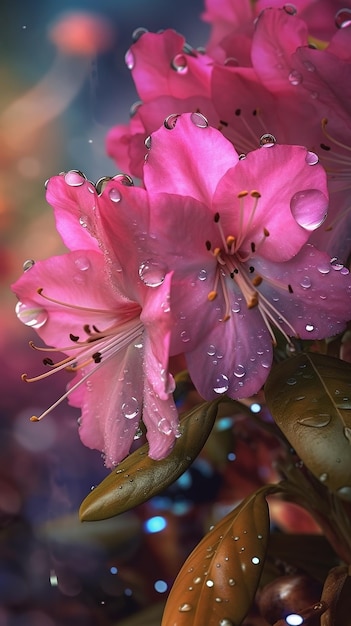 Blooming azalea flowers with drops of water closeup background Floral wallpaper Ai generated