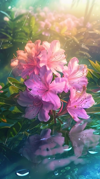 Photo blooming azalea flowers with drops of water closeup background summer wallpaper ai generated