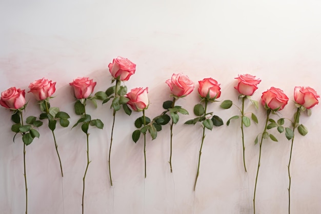 Цветущие красавицы ряды роз, изящно выстроенные вдоль белой стены