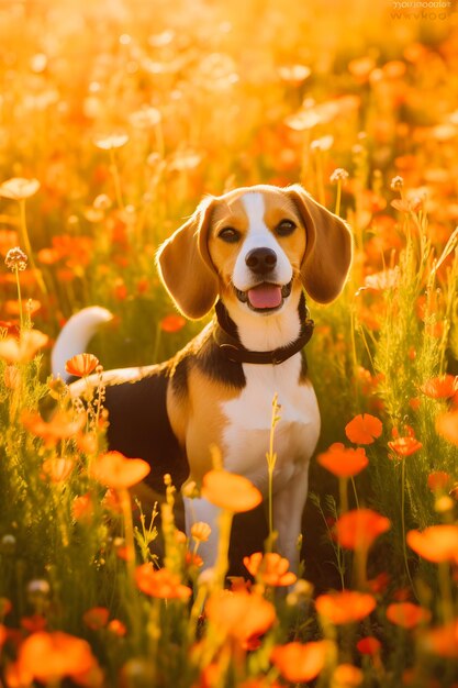 Blooming beauty adorable beagle enjoys nature039s colorful flower field