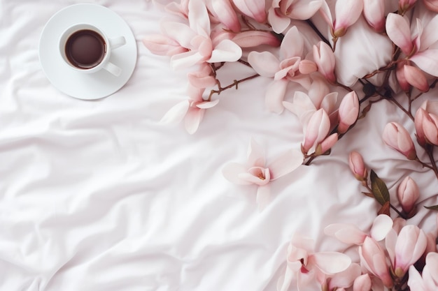 Blooming beauty captivating magnolia blossoms grace morning bed in stunning flat lay composition