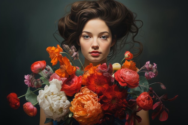 Blooming Beauty A Captivating Portrait of Woman with Flowers Bouquet ar 32