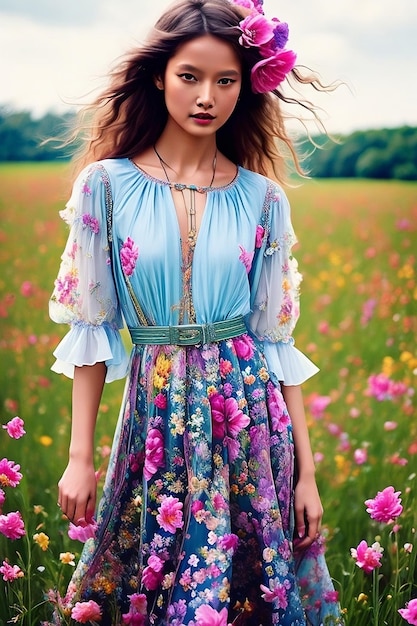 Photo blooming beauty high fashion portrait of a spanish supermodel in fields of flowers