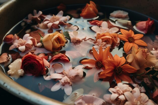 く美しさ 浴槽 の 中 の 花 の 頭 と 花びら の 親密 な 写真