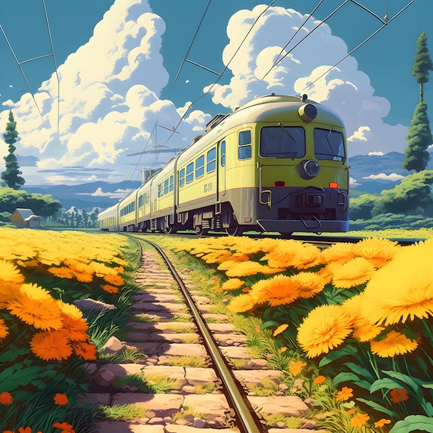Цветущая красота Поездка на поезде Studio Ghibli через цветочные поля