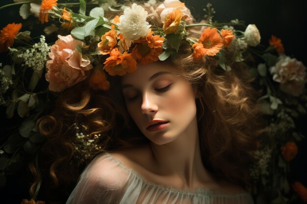 Blooming Beauty A Stunning 32 Close Up of a Woman Adorned with Floral Hair