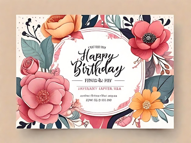 Photo blooming birthday bash handdrawn invitation card with cheerful flowers