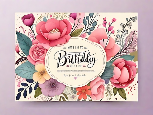 Photo blooming birthday bash handdrawn invitation card with cheerful flowers