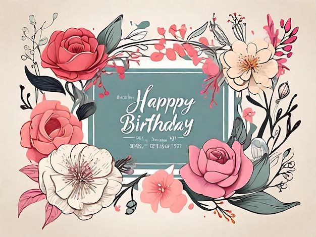 Photo blooming birthday bash handdrawn invitation card with cheerful flowers