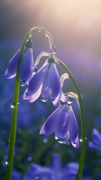 Blooming bluebell flowers with drops of water closeup background Floral wallpaper Ai generated
