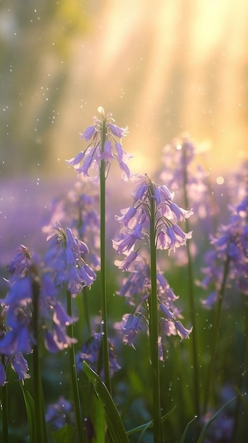 Blooming bluebell flowers with drops of water closeup background Spring wallpaper Ai generated