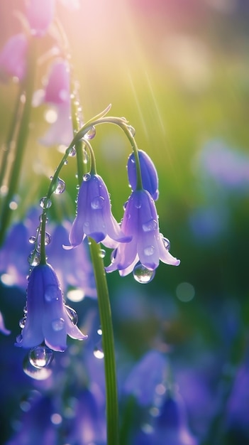 Blooming bluebell flowers with drops of water closeup background Summer wallpaper Ai generated
