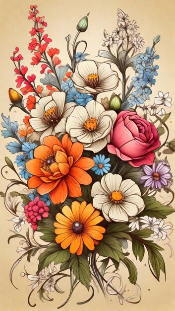 Blooming bouquet of wild flowers drawing art isolated on color background