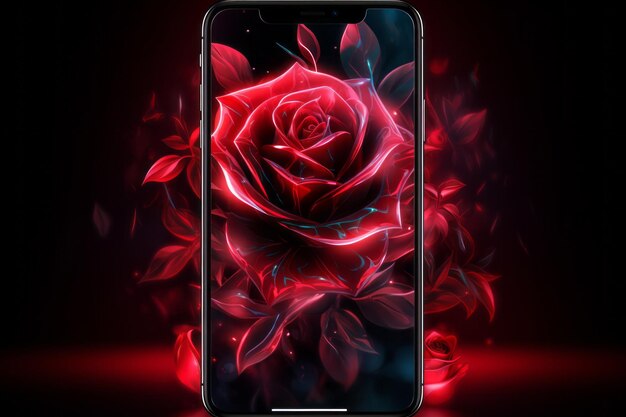 Photo blooming brilliance vectorized red neon rose mobile phone background ar 32