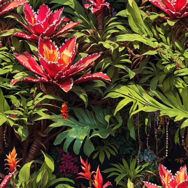 Foto illustrazione di bromelia in fiore disegno senza cuciture arte da parete digitale a sfondo floreale colorato