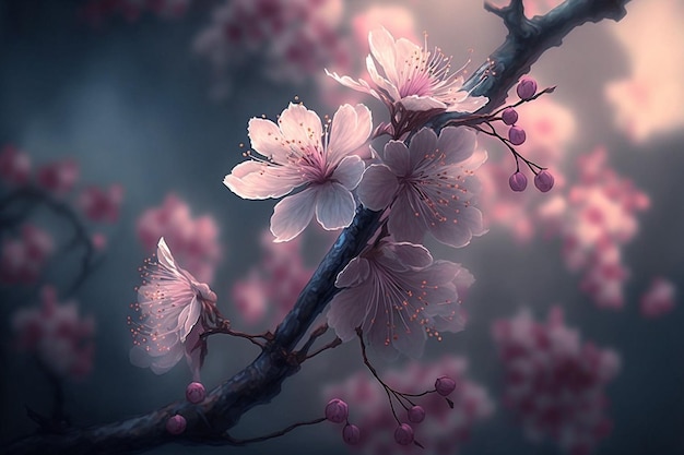 Photo blooming cherry blossom tree branch in spring painting style