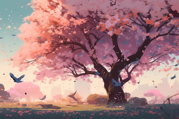 Blooming cherry blossom tree during spring digital art illustration