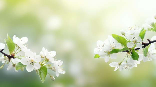 Blooming cherry blossoms on a branch with soft green background
