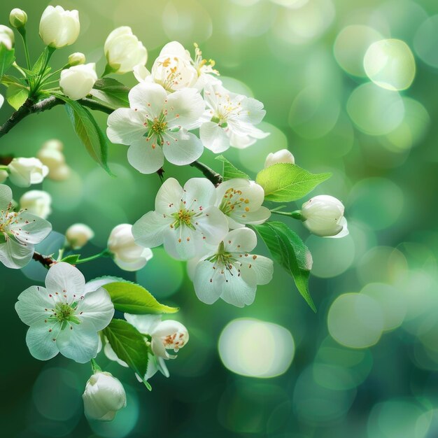 Blooming cherry blossoms on a branch with soft green background