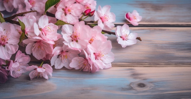 Цветущие вишневые цветы на розовом деревянном столе для поздравительной открытки