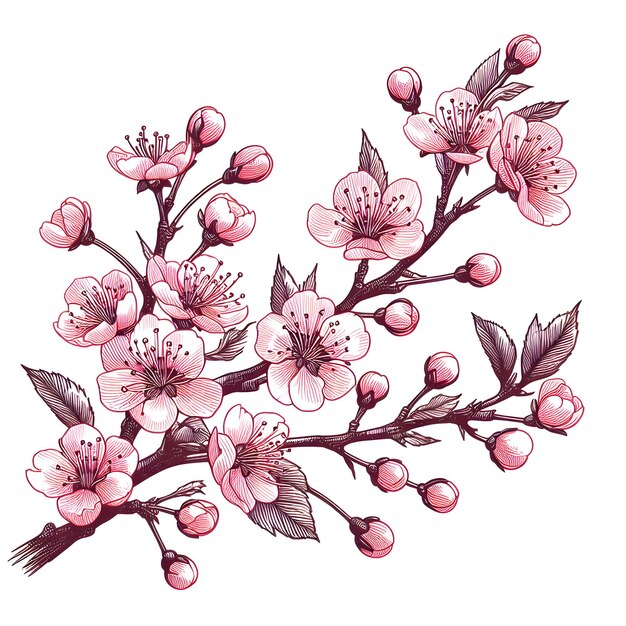 Photo blooming cherry branch sakura spring flowers isolated hand drawn sketch on white background