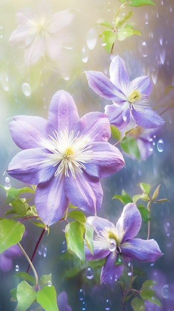 Blooming clematis flowers with drops of water closeup background Spring wallpaper Ai generated
