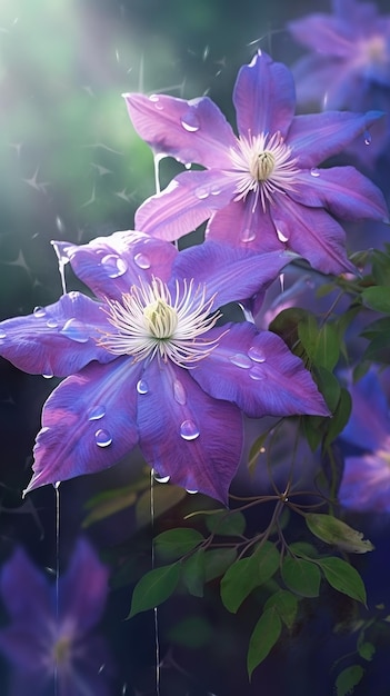 Blooming clematis flowers with drops of water closeup background Spring wallpaper Ai generated