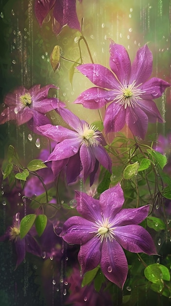 Blooming clematis flowers with drops of water closeup background Summer wallpaper Ai generated