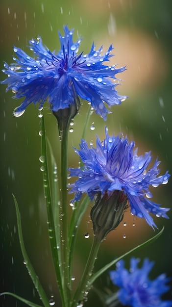 Blooming cornflower with drops of water closeup background Floral wallpaper Ai generated