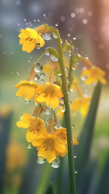 Blooming cowslip flowers with drops of water closeup background Summer wallpaper Ai generated