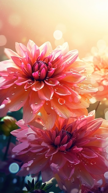 Цветущие цветы георгин с каплями воды крупным планом фон Ai создан