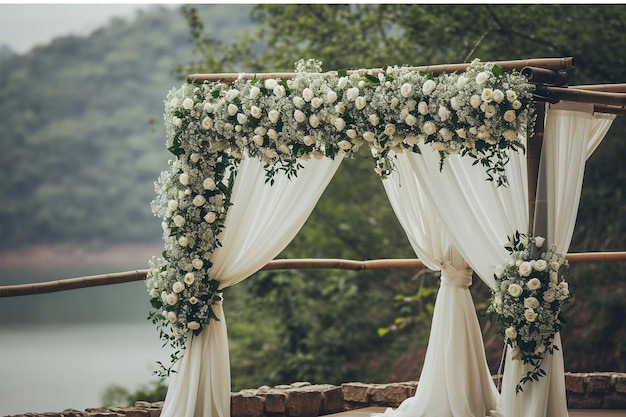 Blooming decoration of wedding arch with roses