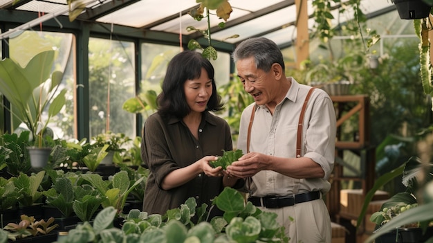 アジア の 夫婦 は 温室 で 珍しい 新しい 植物 の 種 を 発見 し まし た