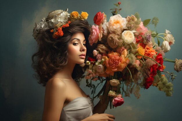 Blooming Elegance Captivating Woman Holding Flowers Bouquet