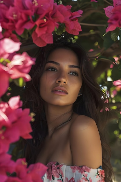 Photo blooming elegance spring beauty banner featuring woman amidst bougainvillea