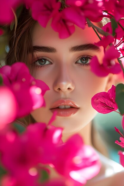 Blooming Elegance Spring Beauty Banner Featuring Woman Amidst Bougainvillea