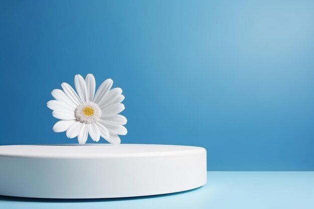 Blooming elegance a stunning white podium adorned with flowers set against a tranquil blue backdro