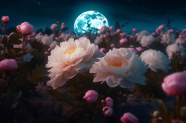 Blooming field of pink peonies at full moon night