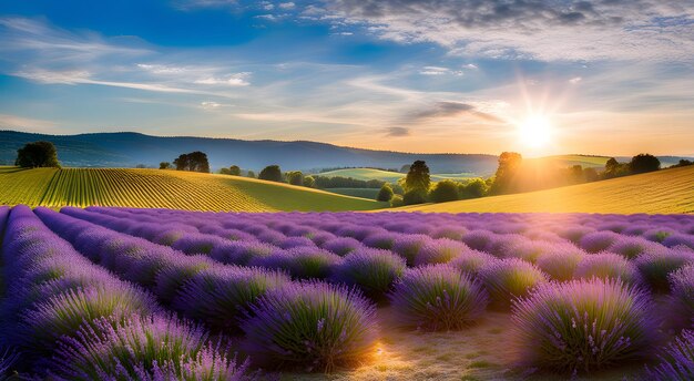 Blooming field with lavender on a background of blue sky and sun