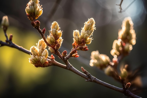 Blooming flower buds on tree branch with the sun shining through created with generative ai