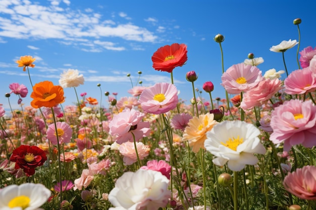 写真 澄んだ青い空の下に ⁇ く花の畑