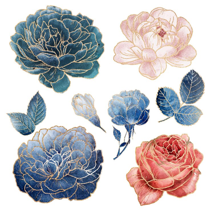 Photo blooming flower set with gold elements