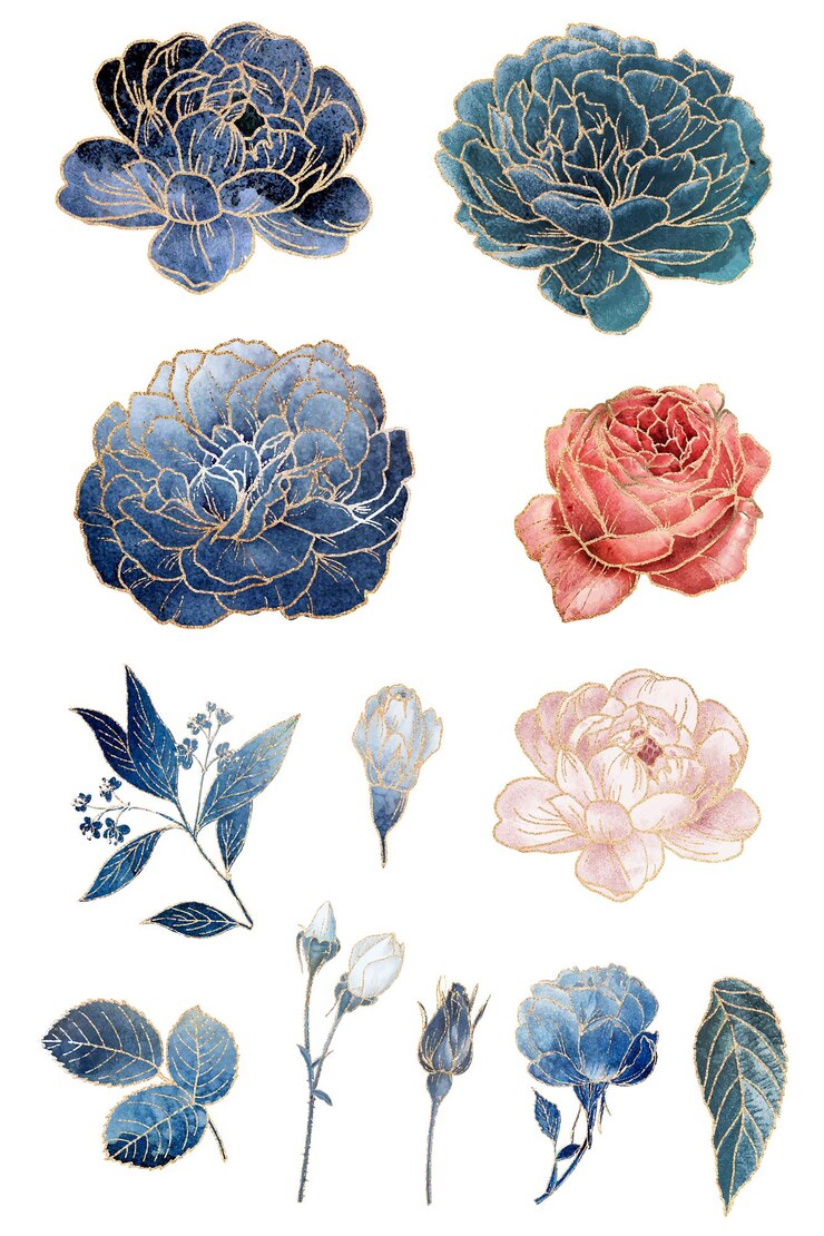 Photo blooming flower set with gold elements