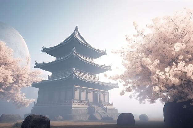 Blooming flowers asian temple Generate Ai